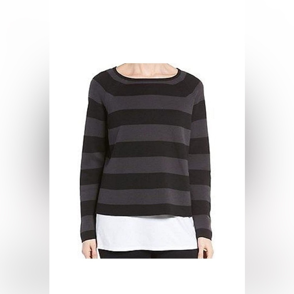 Eileen Fisher Silk Cotton Blend Striped Crop Black Sweater Size S